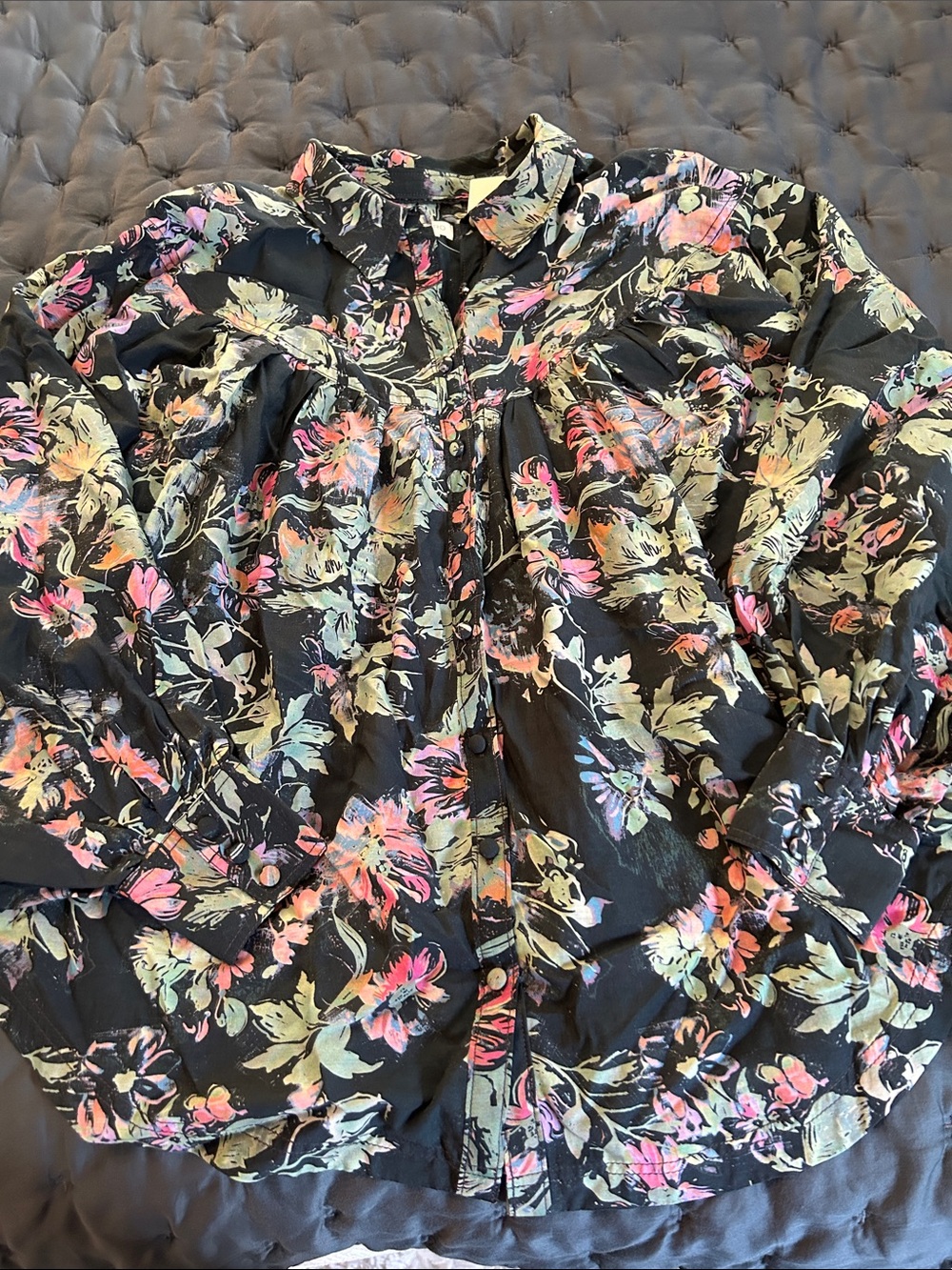 Pilcro Button-Front Black floral Blouse